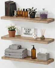 Easy Install 24 Inch Floating Wall Shelves Set of 3 Oak Wooden Wall-Mounted St