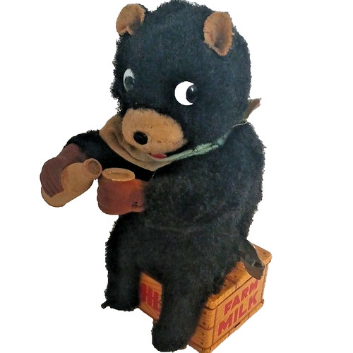 Vintage 1960s Wind-Up Walking Black Bear Toy Drinking Milk, Animal,   Works.