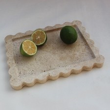 Natural Travertine Tray with Scalloped Edge, Rectangle Vanity Tray 10.8x8 for...