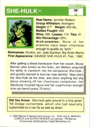 1990 Impel Marvel Universe #39 She-Hulk - Picture 2 of 3
