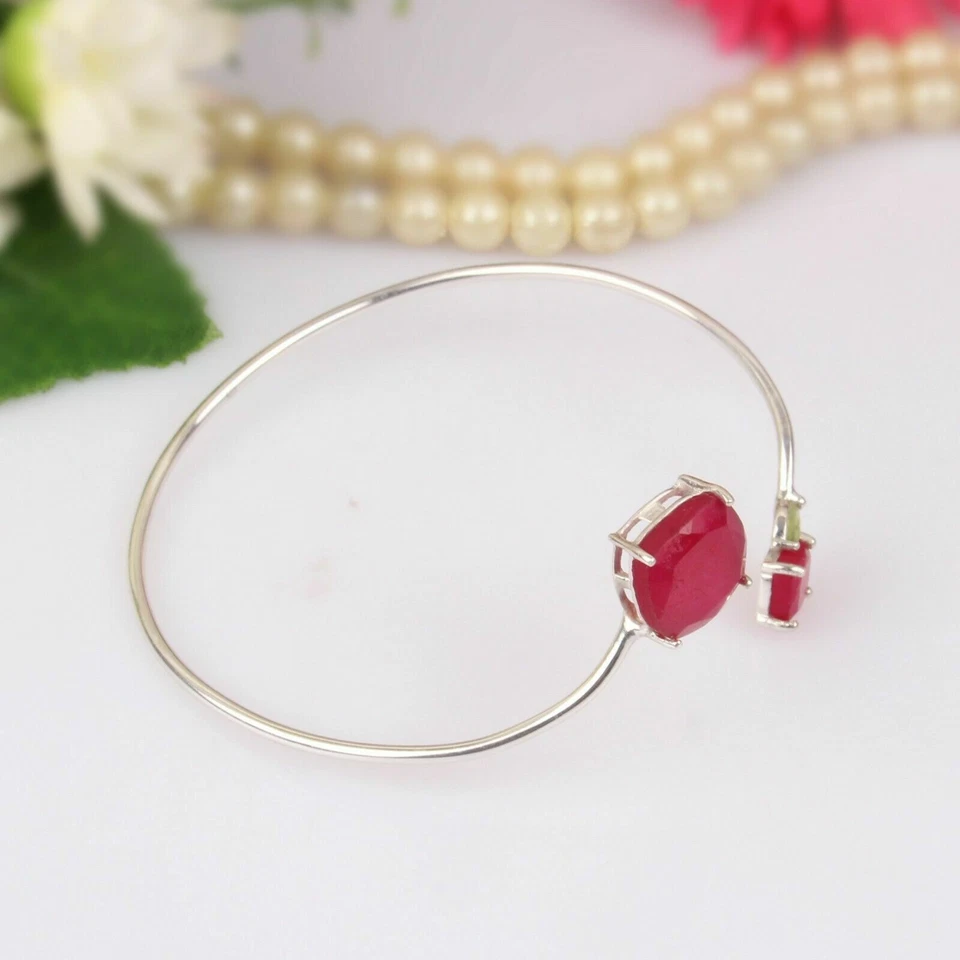 Peridot And Ruby Gemstone Bangle Solid 925 Silver Wedding Bangle Bracelet - Image 2 of 4