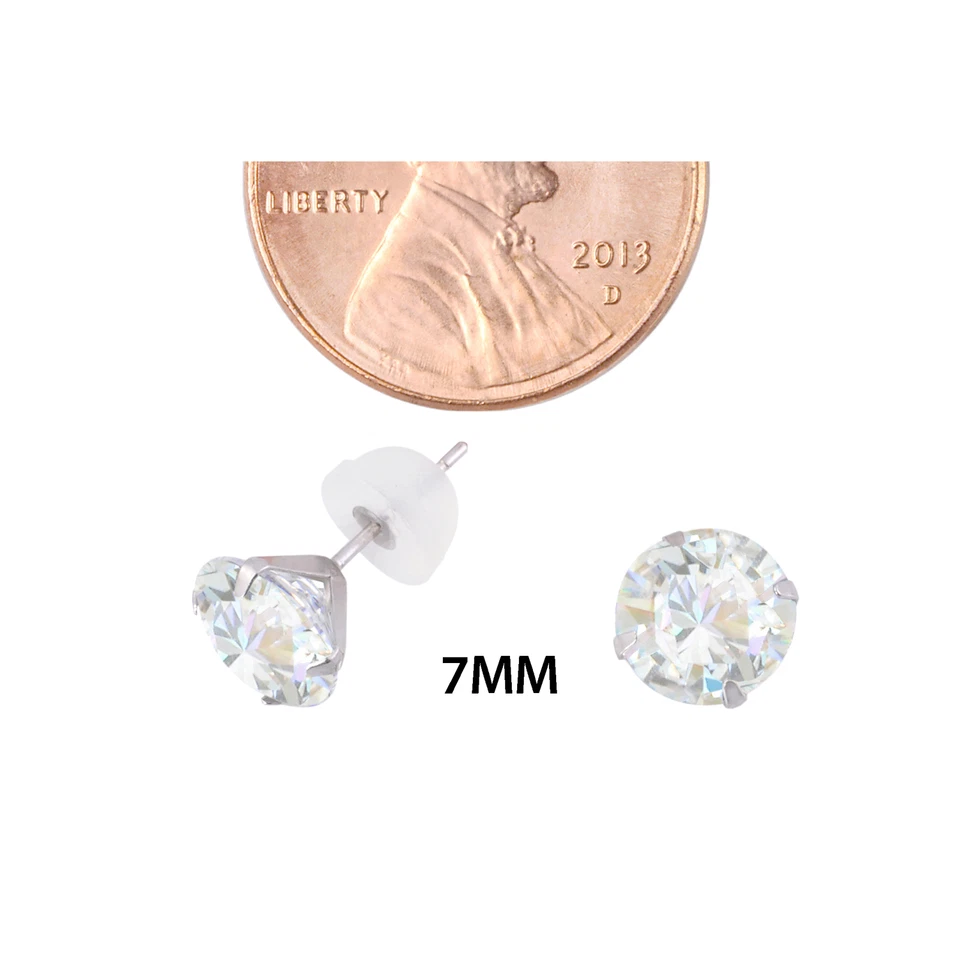 Brincos de ouro branco 10k com zircônia cúbica transparente CZ pinos redondos costas de silicone - Imagem 2 de 2