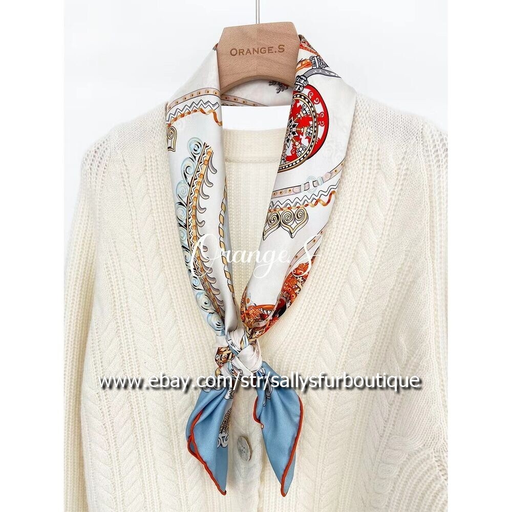 Sally Twill Silk 18 Momme Wrap Scarf Carriage Print Double Face Square Shawl 35"