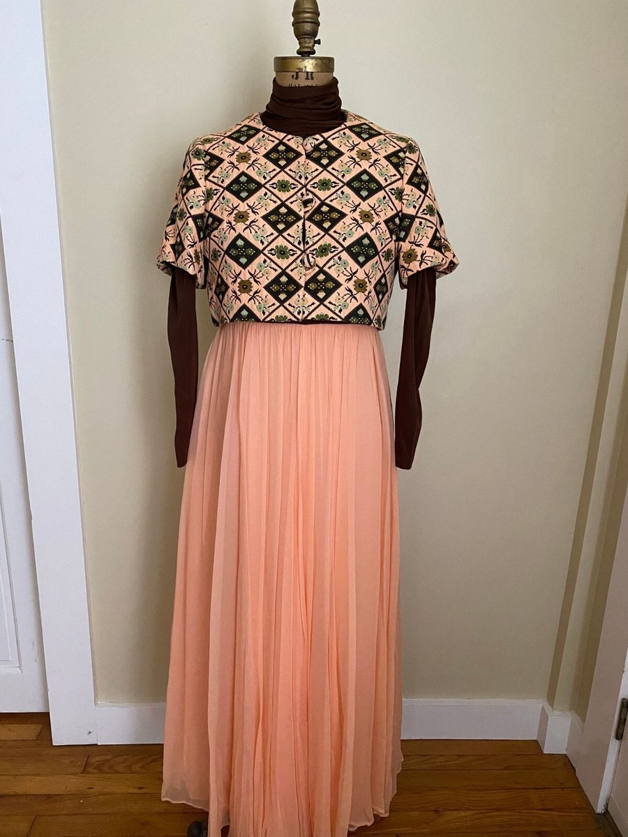 Vtg 2 Piece Long Formal Dress and Bolero Jacket Set, Brown and Peach  Chiffon | eBay