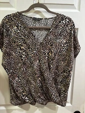 ADRIANNA PAPELL Cheetah Animal Print Twist-Front Blouse Top Shirt Women’s Sz L