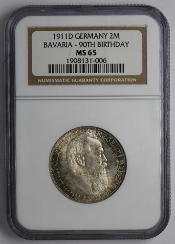 1911 D Germany Silver 2 Mark Bavaria 90th Birthday NGC MS 65