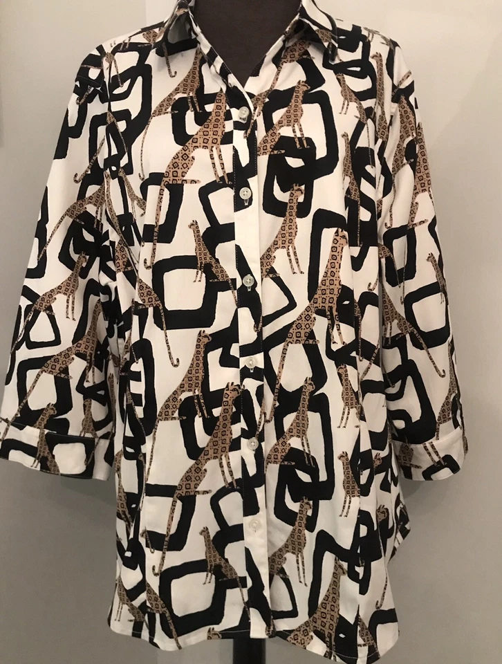 Chico's 异想天开的猎豹衬衫,尺寸 3,奶油色 Geo 动物印花,手链袖