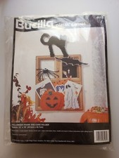 New Bucilla Plastic Canvas Kit Halloween Frame Card Holder Cat Ghost Bat 6193