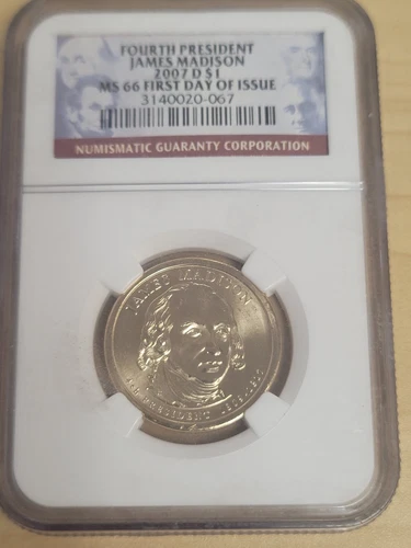 2007 D $1 NGC MS 66 First Day of Issue James Madison Dollar Coin