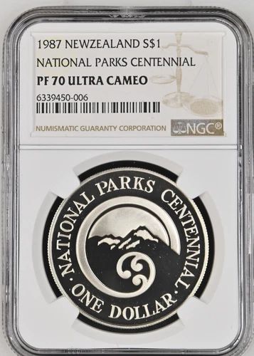1987 NEW ZEALAND SILVER 1 DOLLAR NATIONAL PARKS CENTENNIAL - NGC PF 70 UC