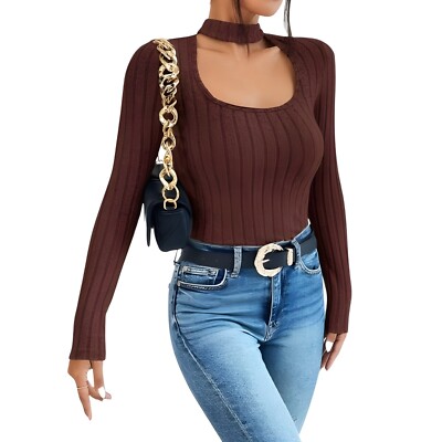 Camiseta Mujer Marrón Talla M Manga Larga Cuello Recortado Elegant manga Larga 