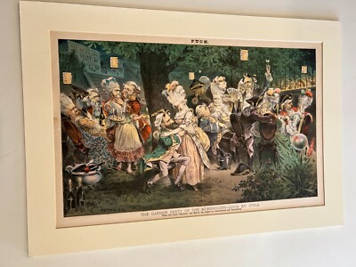 Antique PUCK Lithograph Print ''The Garden Party of the Monopolists-Louis XV''