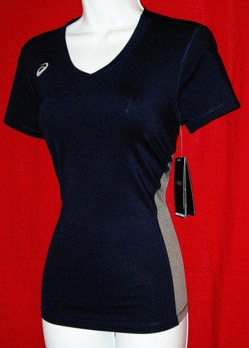 ASICS MOTION DRY WOMEN'S SHORT SLEEVE V-NECK LOGO TOP SIZE STRETCHY SMALL NWT - 第 2/11 張圖片