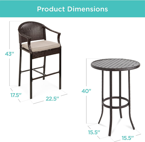 3-Piece Patio Bar Table Set, Outdoor Wicker Bar Height Bistro Furniture for Back - Picture 7 of 7