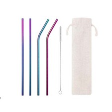 5pc Premium Stainless Steel Metal Rainbow Extra Long Straw Brush & Eco Pouch Set