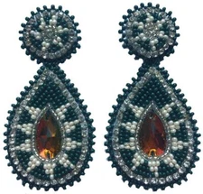 Handmade Green White color beaded Teardrop shape post earrings E60/44