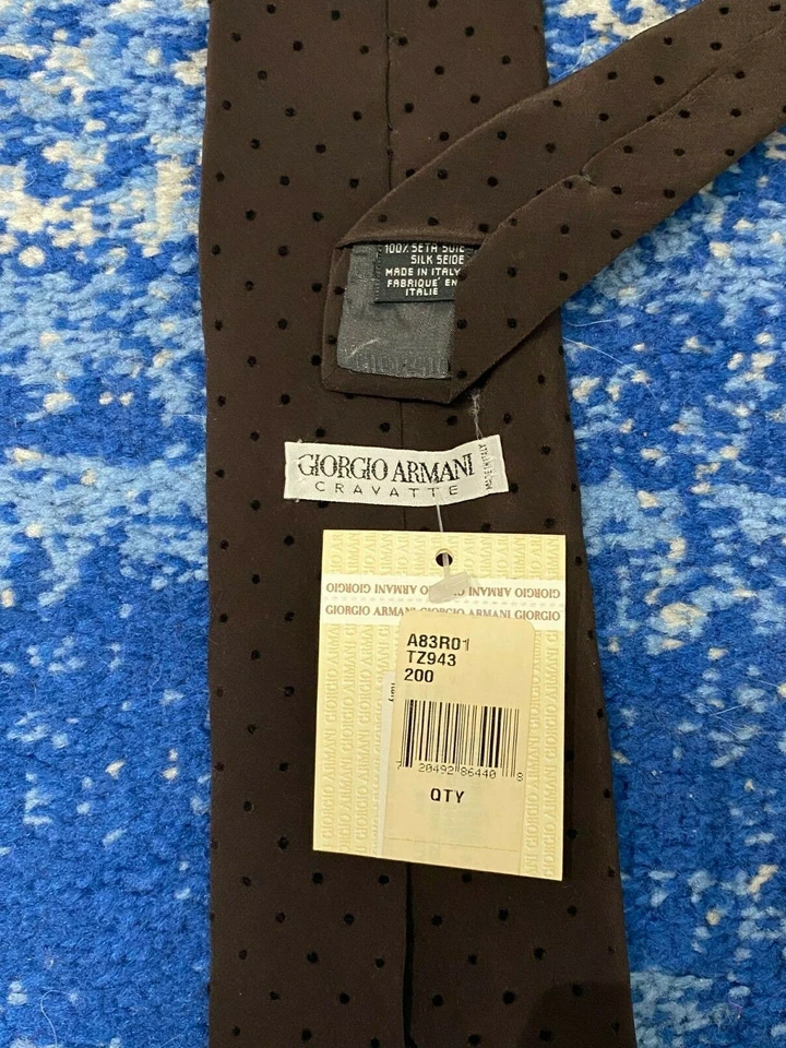 NUEVA Corbata De Colección Giorgio Armani Marrón Seda Terciopelo Lunares Italia Foto 4 de 4