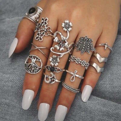 14PC Set Retro Silver Finger Open Ring Bohemia Flower Tree of Life Gift 2083