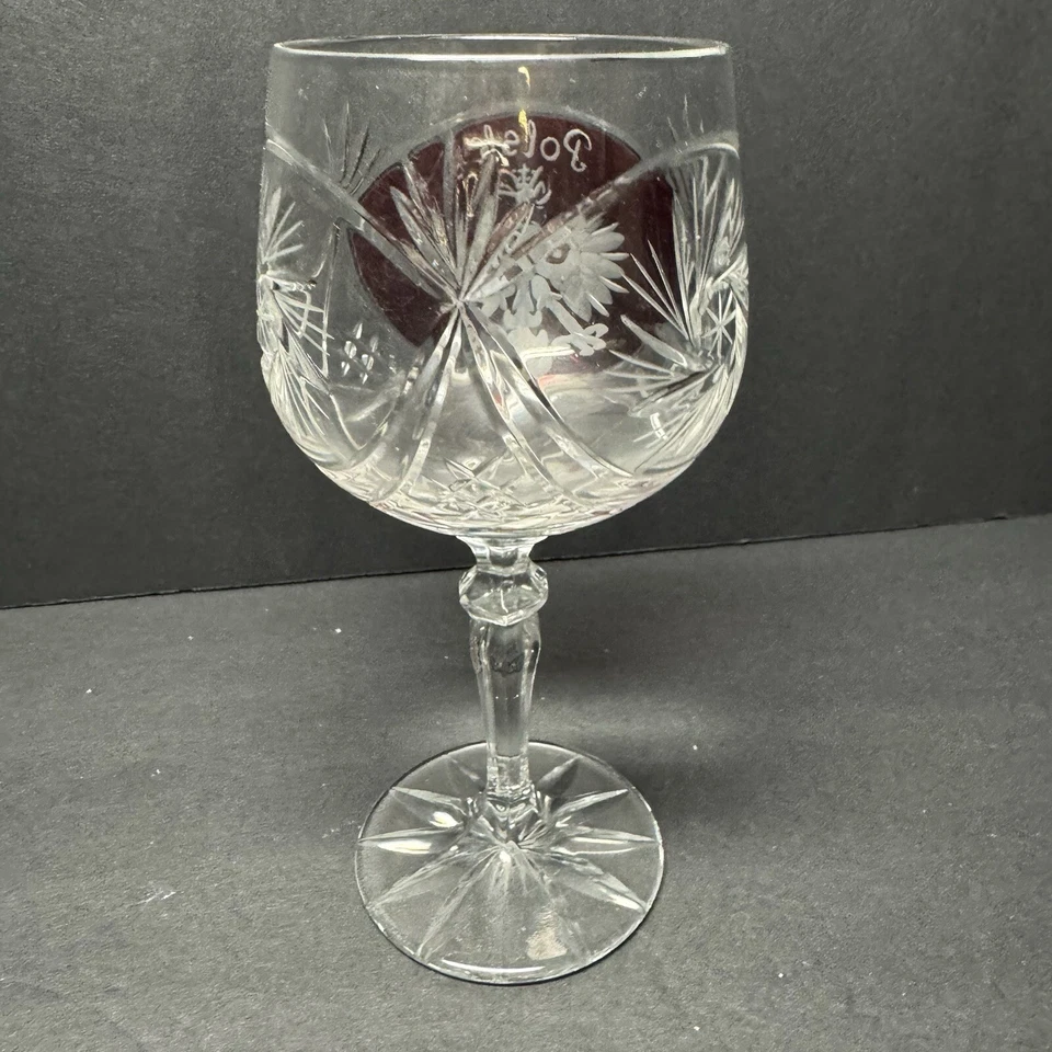 Bohemian Style Ruby Red Wine Goblet Glass Hand Cut POLSKA Poland Coat of Arms - Image 4 of 4