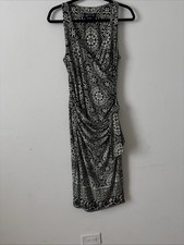 Jones New York Dress Black White Paisley Wrap Dress V-Neck Tie Knee 4 Stretch