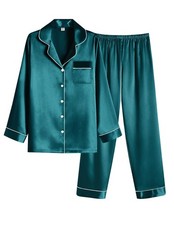 Women Satin Pajamas Set Classic Button Down Long Silk Pjs SetLargeBlue Green