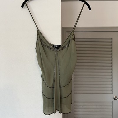 Womens Vintage DKNY 100% Silk Cami Top Studded Bronze Rivets - Sage Green Size 6