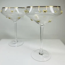 Christmas Coupe Glasses Gold Bow Rhinestone Elegant Cocktail Barware SET OF 2