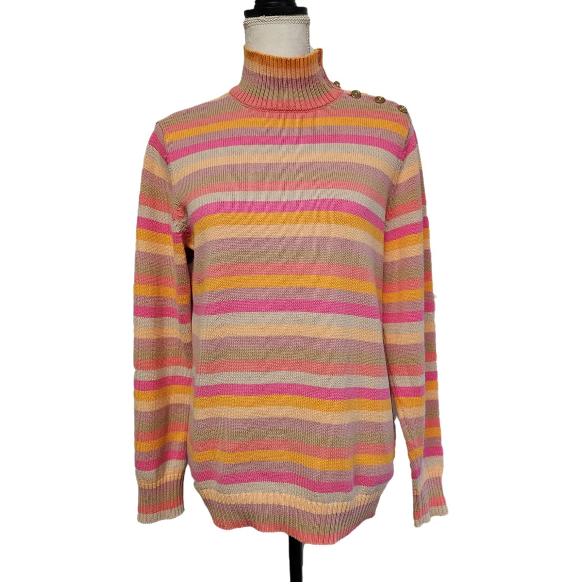 Liz Claiborne Pink Orange Stripe Button Turtleneck Sweater Size XL 100%  Cotton