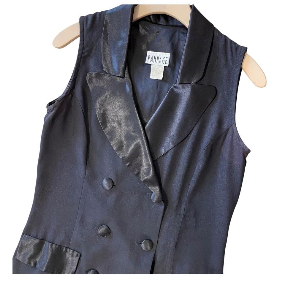 Vestido Traje VINTAGE RAMPAGE Crepé y Satén Sin Mangas Doble Pecho Negro Años 90 Foto 4 de 4