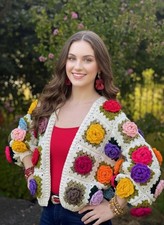 Handmade Crochet Rose Cardigan 3D Floral Granny Square Jacket