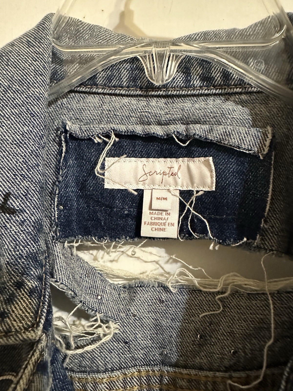 Scripted Distressed Denim Jacket Size M - image 4