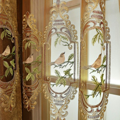 Set of 2 Panels Embroidered Birds Sheer Curtains for Living Room Bedroom Dini...
