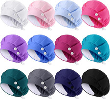 12 Pcs Bouffant Nurse Caps with Button Sweatband Adjustable Scrub Cap Elastic Su