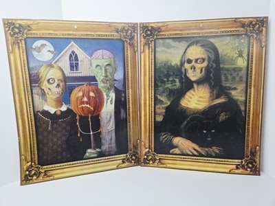 Pair of Halloween lenticular pictures Mona Lisa American Gothic 16 1/2''