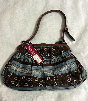 Isabella Fiore Small Brown/Blue Floral Beaded Shoulder Bag Gold Clasp Pockets