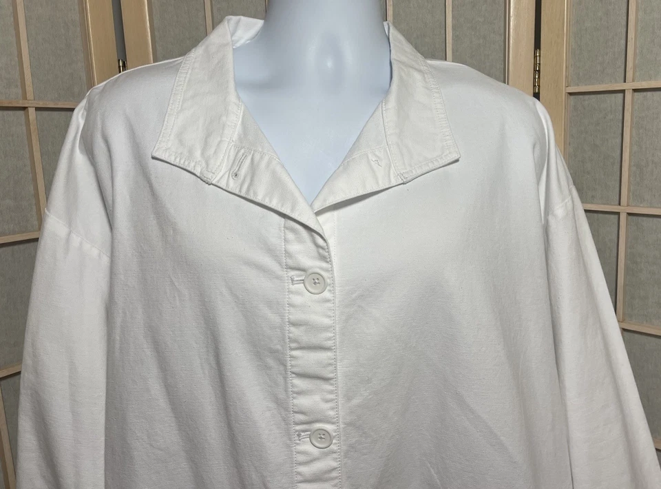 Eileen Fisher L Blanco Algodón Cáñamo Elástico Lona Camisa Abotonada Chaqueta Chamarra Foto 2 de 4