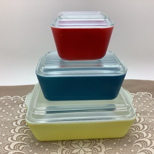 VTG Pyrex Primary Colors Refigerator Box Dish Set 503,502 ,501 + Lids