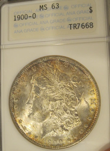 1900 O Morgan Silver Dollar Old ANA holder MS 63 Colorful Peripheral toning 5180
