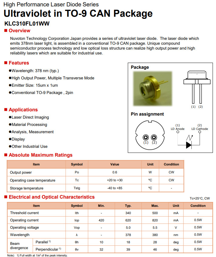 1PCS Panasonic KLC310FL01WW 378nm 500mW Ultraviolet Laser Diode