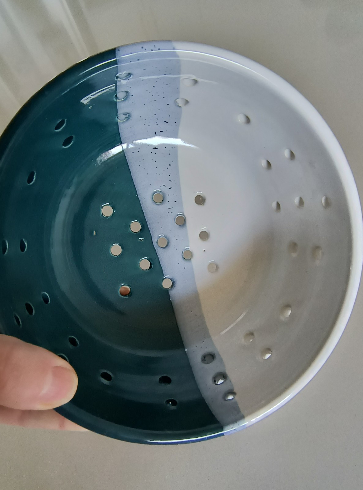 Colander Berries Pittery Bowl  Strainer Ceramic White Green 6.25" 