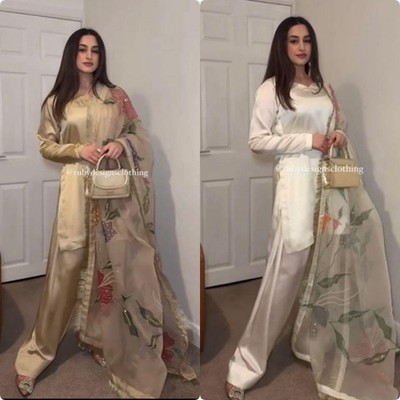 Designer Satin Silk Farshi Palazzo Set with Organza Dupatta Farshi shalwar suit