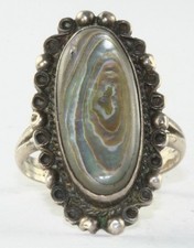 VTG TALL MEXICAN STERLING SILVER FILIGREE ABALONE SHELL LADIES RING SIZE 6.5