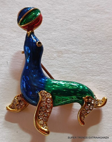 Swarovski Crystal Gold Tone Enameled Jeweled Seal With Ball Brooch Pin