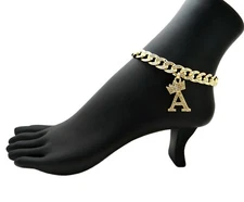 ICEMOND Womens Rhinestone Stud Initial Alphabet Charm 10" Cuban Chain Anklet