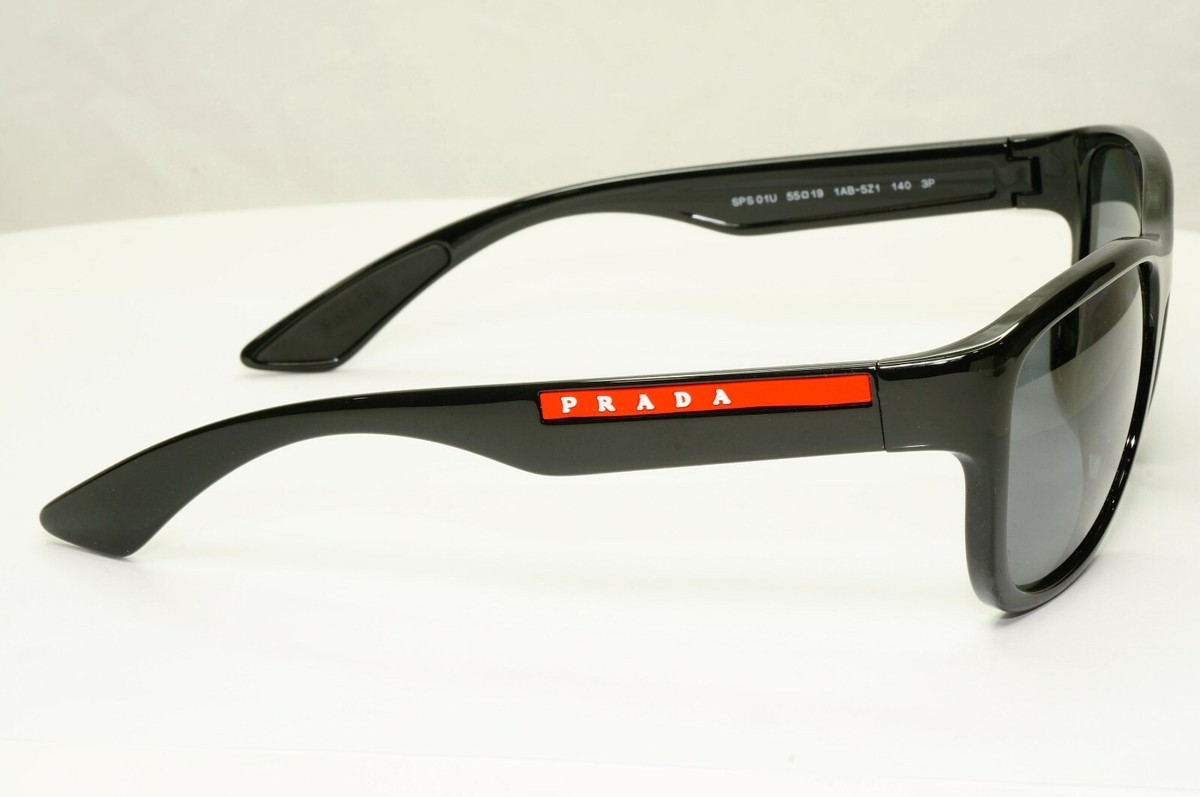 Prada Polarised Black Sunglasses Square Red Stripe PS01US SPS 01U