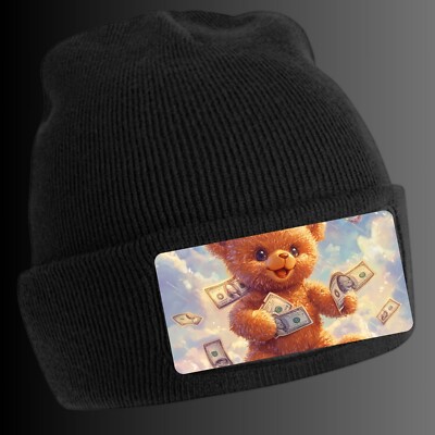 Black Cool Bear Money Print Beanie Hat - Unisex Cap, Cotton