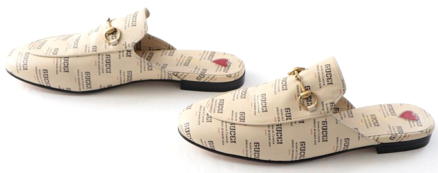 PANTOFOLA D’ORO Pantofole Gucci Donna Princetown 40 Stampa Timbro Pelle di Vitello Soia Nero