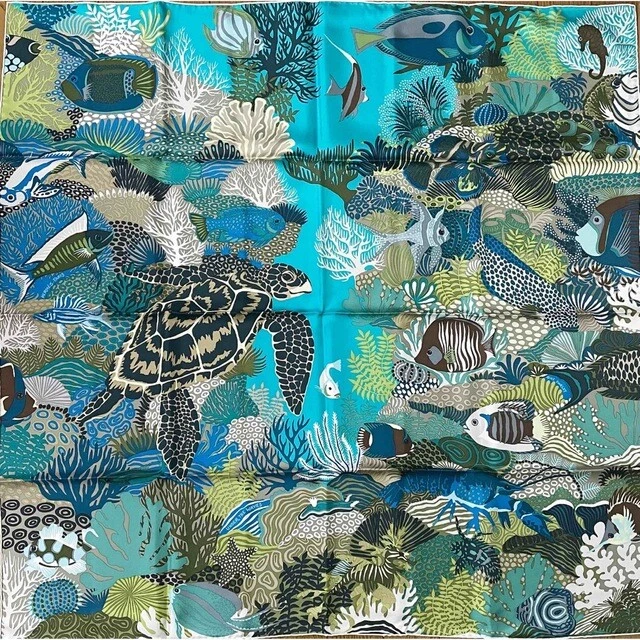 Hermes Scarf Under The Waves 90 cm silk green Carre turtle fish