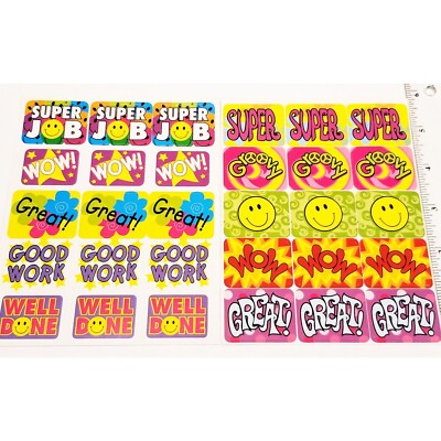 Teacher Sticker Sheets Colorful WOW Great Good Work Smiley Face 30 Stickers 2002