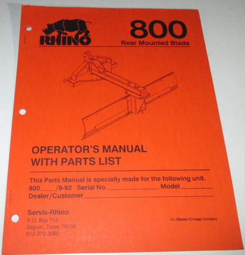 Rhino 800 Rear Mounted Blade Operators Maintenance & Parts Manual ...